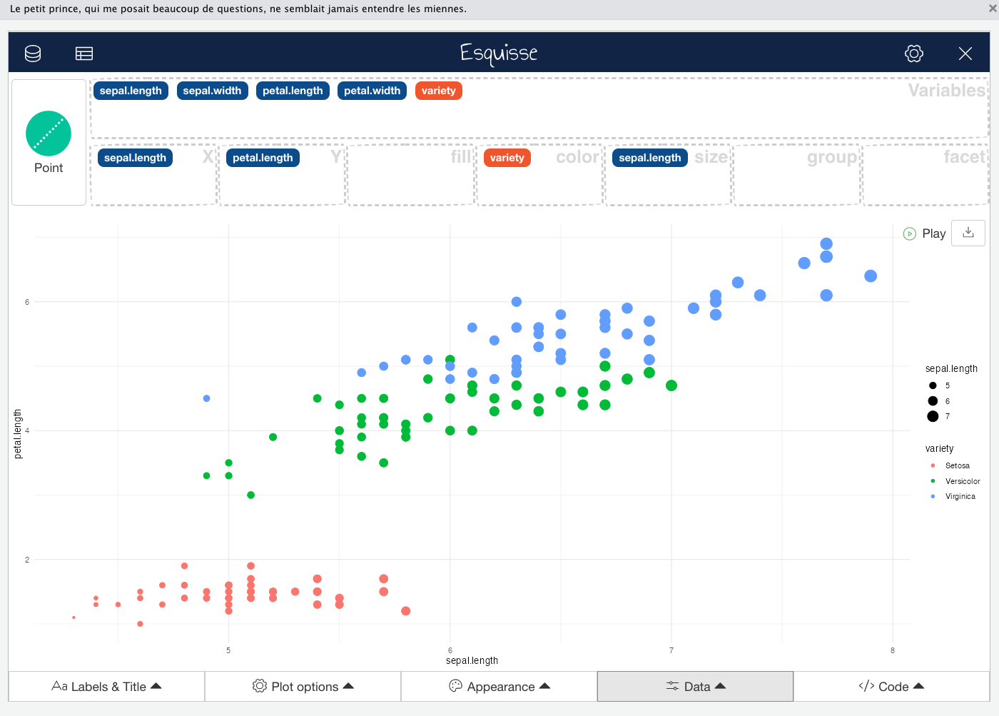 Scatter plot of sepal length and petal length data visualization in R Esquisse